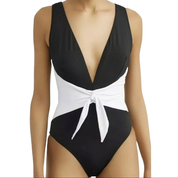 Time & Tru One Piece Swimsuit Black White Knotted Size Large 12/14 - Picture 2 of 11
